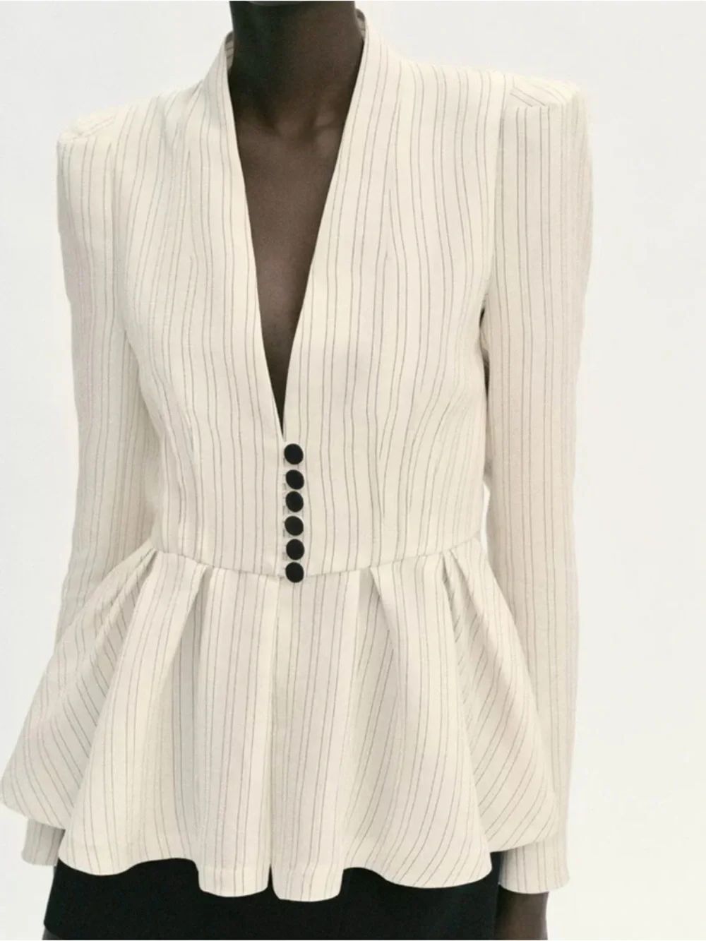 Zara Cream Peplum Pinstripe Button front Blazer Size Medium